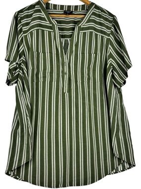 Torrid Olive Green & White Striped Harper Short Sleeve 2 Button V-Neck Blouse 2X